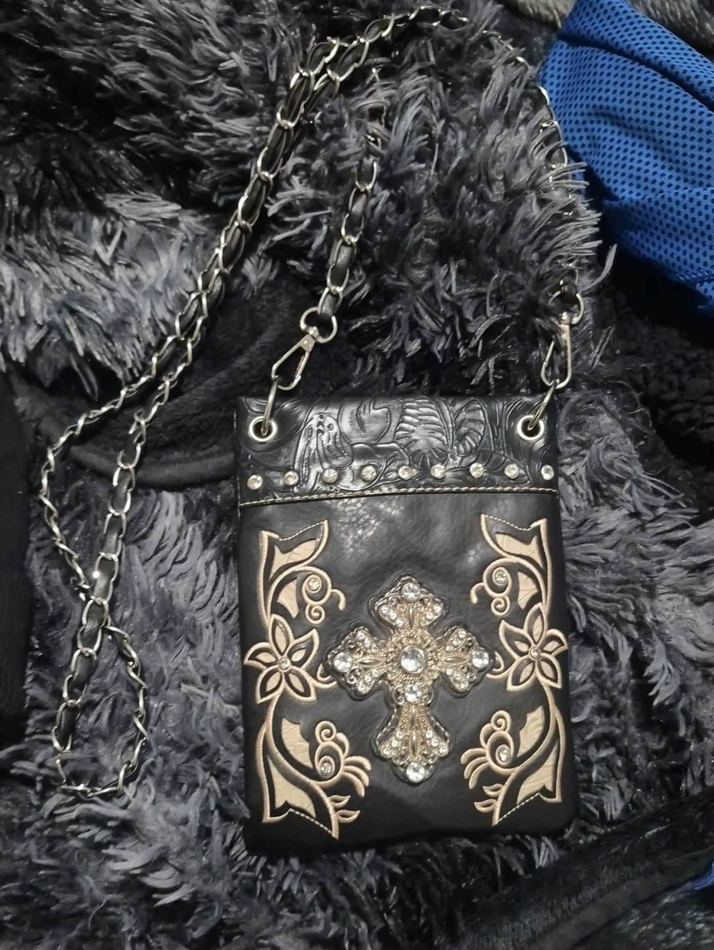Black Cross Embellished Chain Shoulder Bag